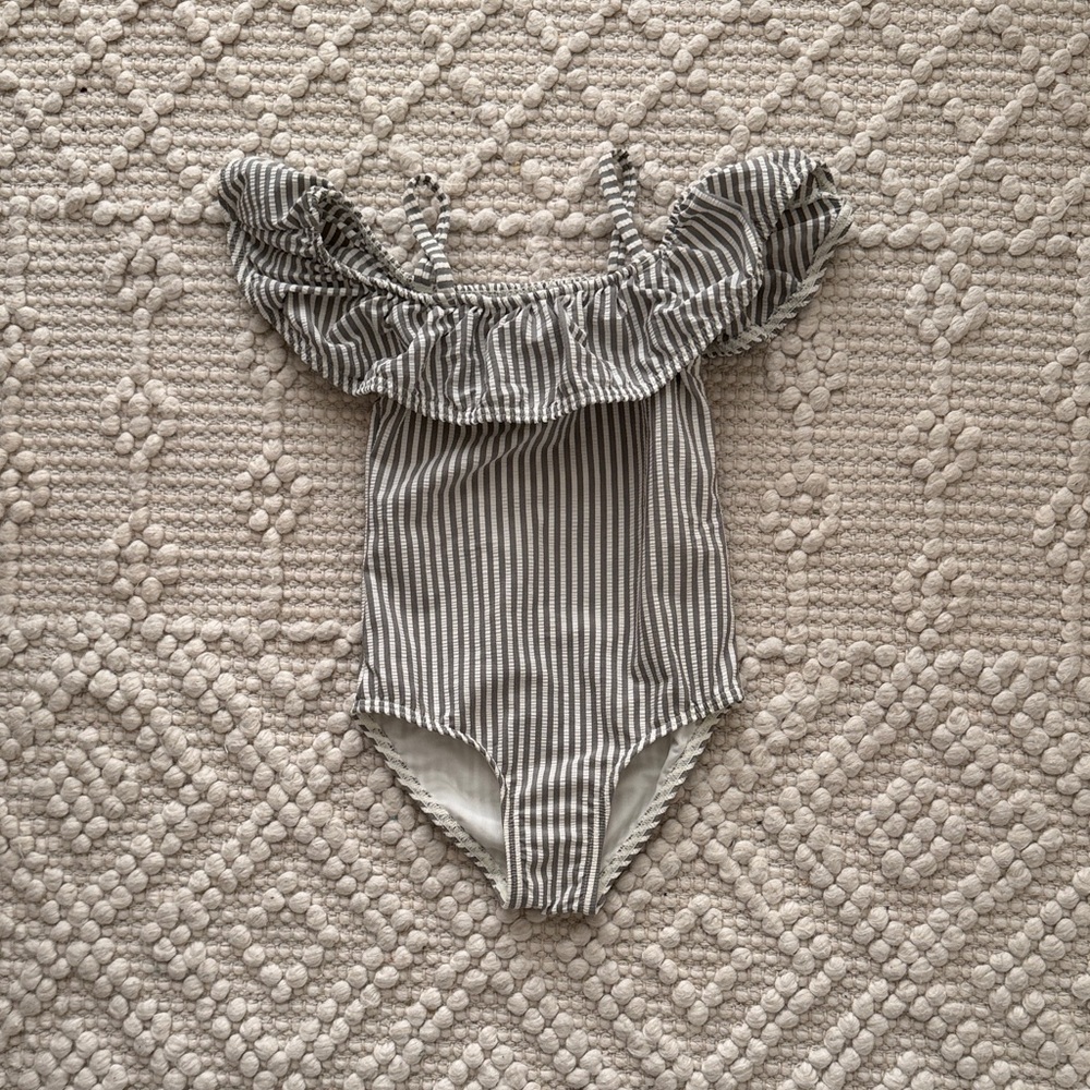Rylee + Cru Gray/Blue Striped Ruffle Swimsuit Size 2/3